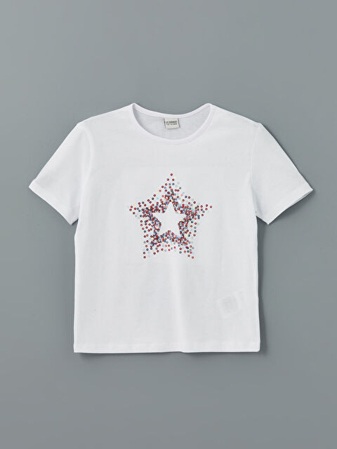 LCW Kids Bisiklet Yaka Pul İşlemeli Kız Çocuk Tişört - S5I802Z4-Q6K