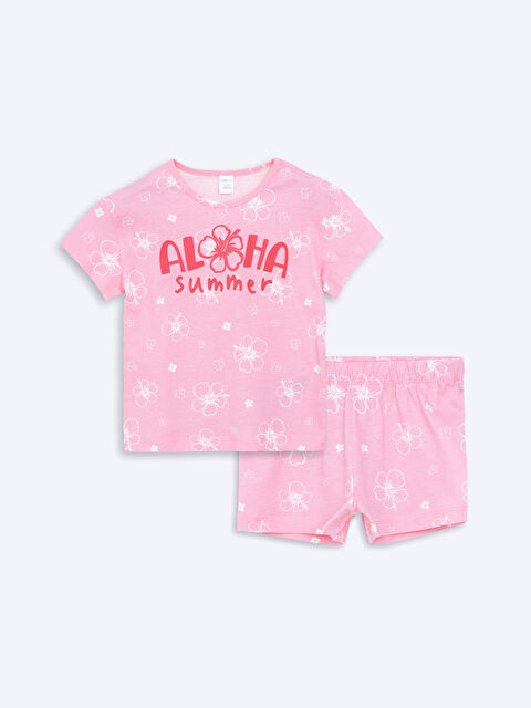 LCW ECO Okrugli izrez štampana majica i šorts za devojčice 2-pakovanja