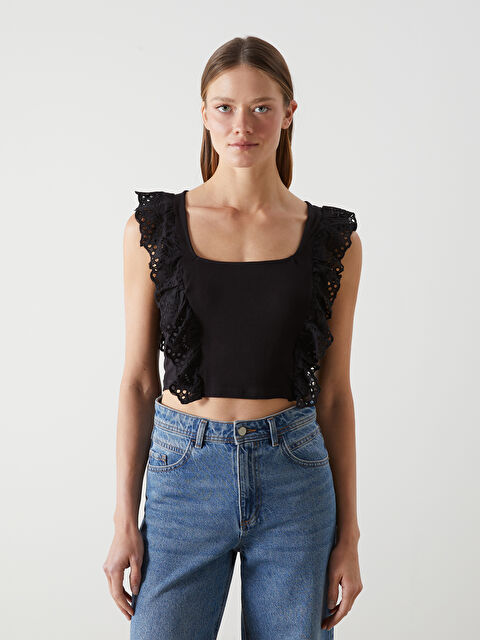 LCW ECO Square Collar Openwork Camisole Broderie Frilled Women's T-Shirt - S5IJ17Z8-CVL