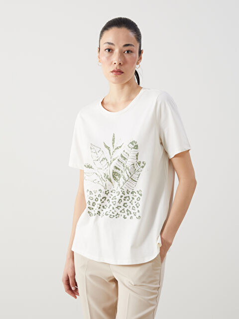 LCW Grace Bisiklet Yaka Baskılı Kadın Tişört - S5IR74Z8-LXH