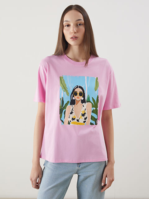 LCW Vision Crew Neck Printed Oversize Women's T-Shirt - S5J541Z8-QY7