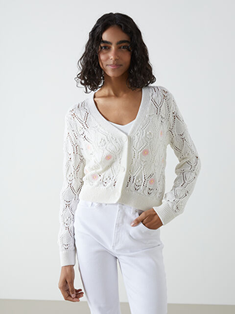 XSIDE V Yaka Çiçekli Kadın Triko Hırka - S5J691Z8-R9J