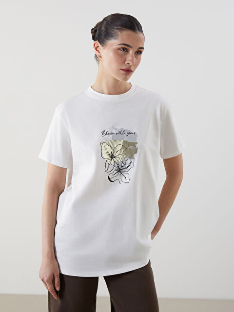 LCW Modest Bisiklet Yaka Baskılı Oversize Kadın Tişört - S5J769Z8-R9J