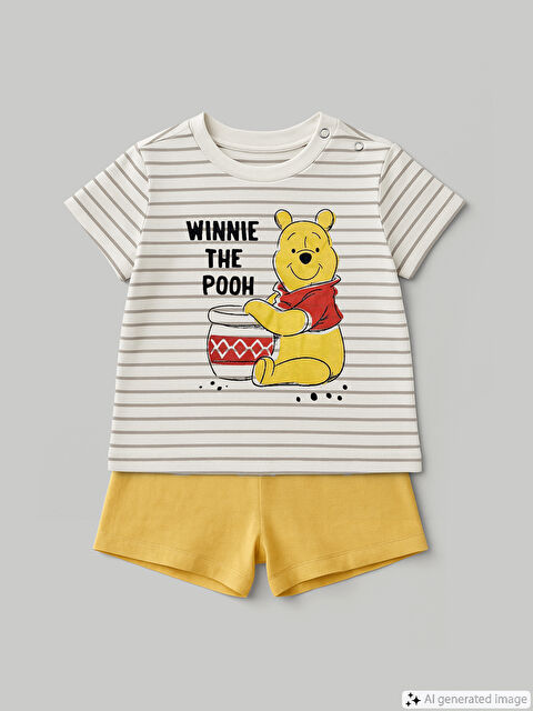 LCW baby Crew Neck Winnie the Pooh Printed Baby Boys' T-Shirt and Shorts 2-Pack Set - S5JB91Z1-LQB