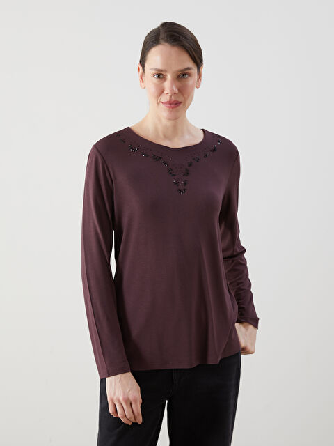 LCW Grace Bisiklet Yaka Taşlı Kadın Bluz - S5JC27Z8-HHZ