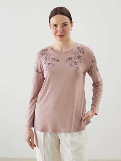 LCW Grace Bisiklet Yaka Çiçekli Kadın Tişört - S5JC39Z8-GDY