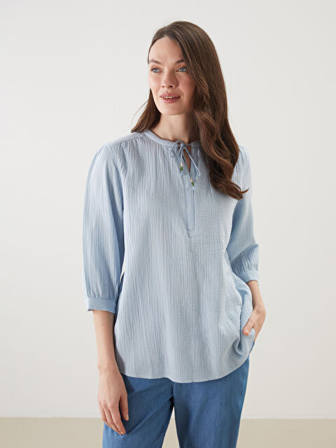 LCW Grace Bluză Basic din Muselină Texturată cu Guler cu Panglică