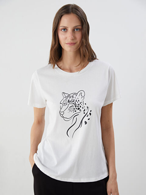 LCWAIKIKI Classic Bisiklet Yaka Baskılı Penye Kadın Tişört - S5JD43Z8-FEW