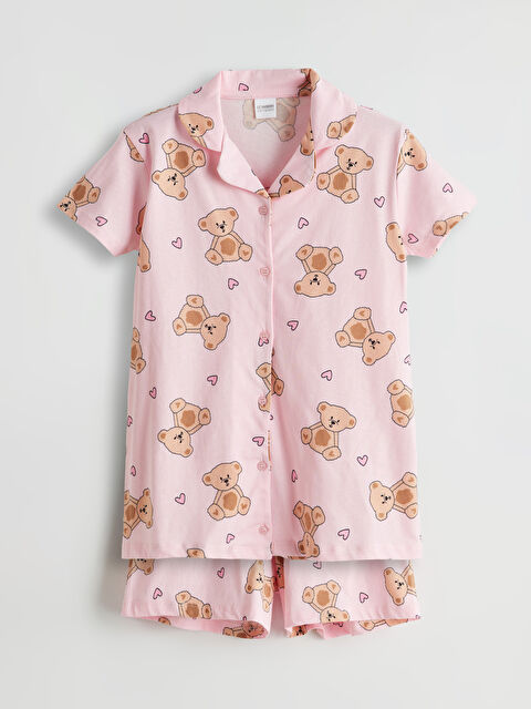 LCW Kids Gömlek Yaka Ayı Teddy Baskılı Kız Çocuk Şortlu Pijama Takımı - S5JE09Z4-LSZ