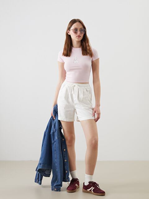 XSIDE әйелдерге арналған зығыр қоспасынан жасалған өрнексіз шолақ шалбар серпімді белдікпен - S5JF28Z8-Q6K