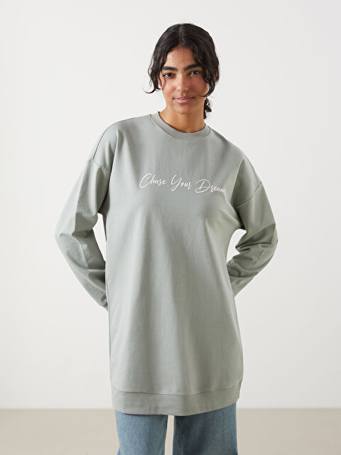 LCW Modest Bisiklet Yaka Baskılı Oversize Kadın Sweatshirt Tunik - S5JY08Z8-GNZ