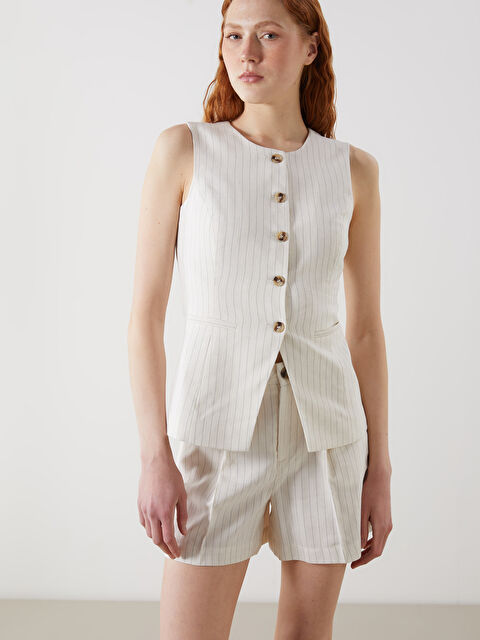 LCW Vision Bisiklet Yaka Çizgili Keten Karışımlı Kadın Klasik Yelek - S5JY23Z8-ELZ