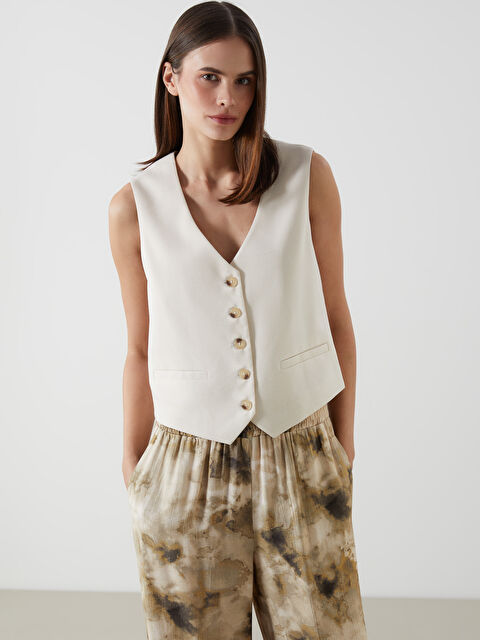 LCW Vision V Yaka Keten Karışımlı Kadın Klasik Yelek - S5K041Z8-CR8