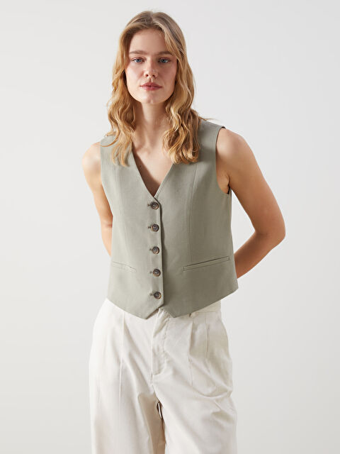 LCW Vision V Yaka Keten Karışımlı Kadın Klasik Yelek - S5K041Z8-CZE