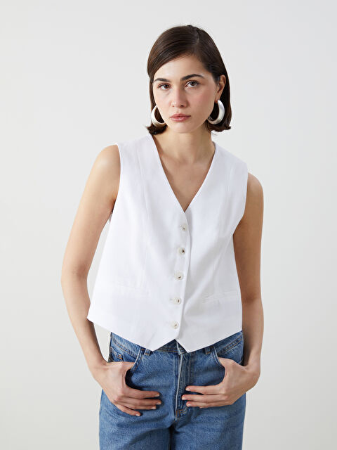 LCW Vision V Yaka Keten Karışımlı Kadın Klasik Yelek - S5K041Z8-R9J
