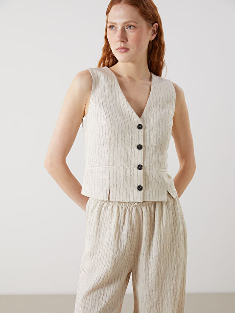 LCW Vision V Yaka Çizgili Kadın Klasik Yelek - S5K087Z8-ELZ