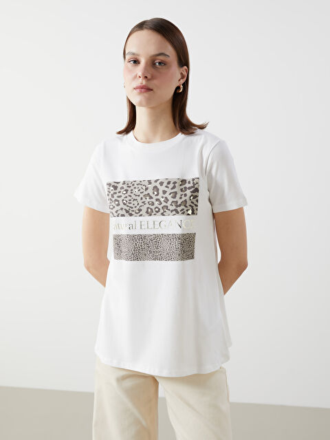 LCW Comfort Bisiklet Yaka Leopar Desenli Kadın Tişört - S5K168Z8-R9J