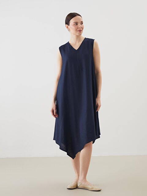 LCW Grace V Neck A-Line Linen Blend Dress