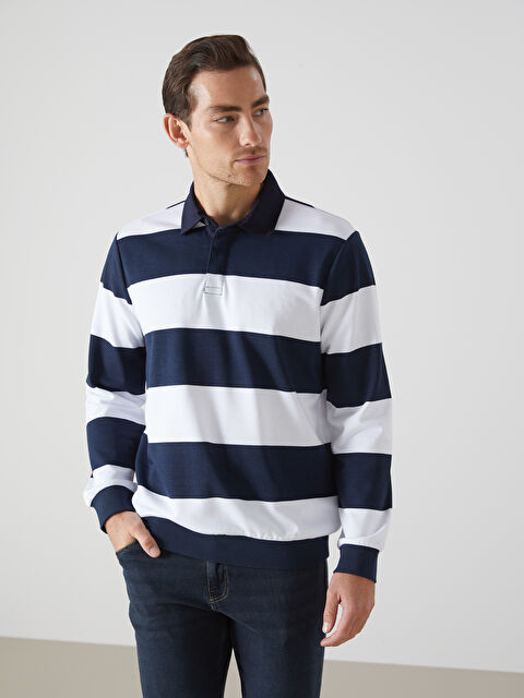 LCWAIKIKI Basic Polo Yaka Uzun Kollu Çizgili Erkek Sweatshirt - S5K676Z8-DWP