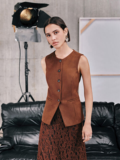 LCW Vision Bisiklet Yaka Süet Kadın Klasik Yelek - S5KF49Z8-CT9