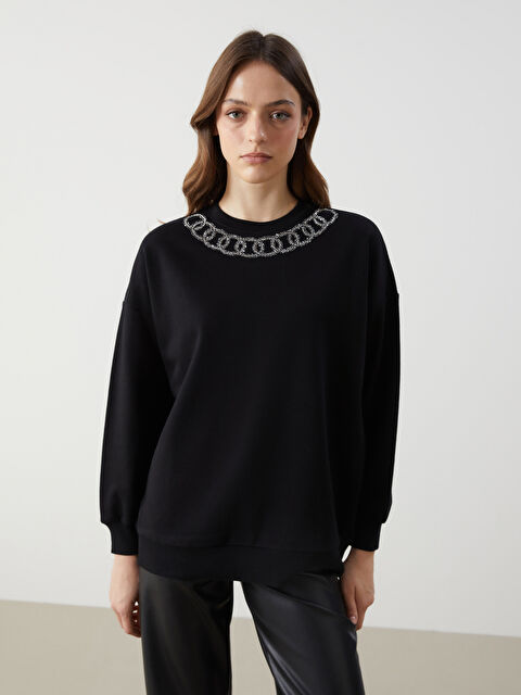 LCW Modest Bisiklet Yaka Baskılı Oversize Kadın Sweatshirt - S5KG72Z8-CVL