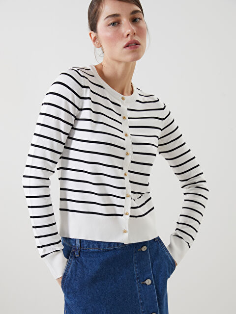 LCW Vision Bisiklet Yaka Çizgili Kadın Triko Hırka - S5KI65Z8-LEG