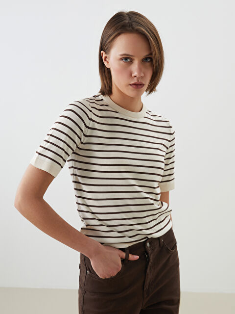 LCW Vision Bisiklet Yaka Çizgili Kadın Triko Kazak - S5KI67Z8-LEW