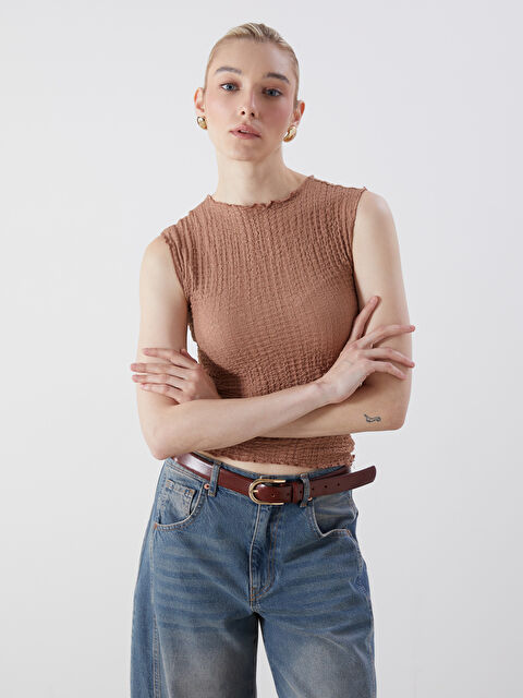 LCWAIKIKI Classic Crew Neck Textured Blouse - S5KP16Z8-GTU