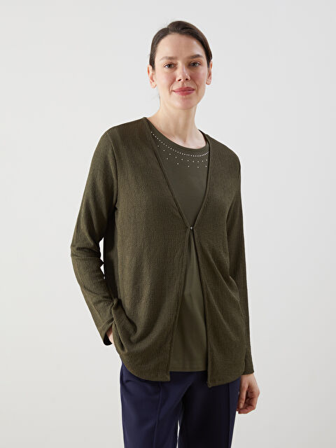 LCW Grace V Yaka Kadın Hırka ve Taşlı Atlet - S5KP22Z8-F7Z