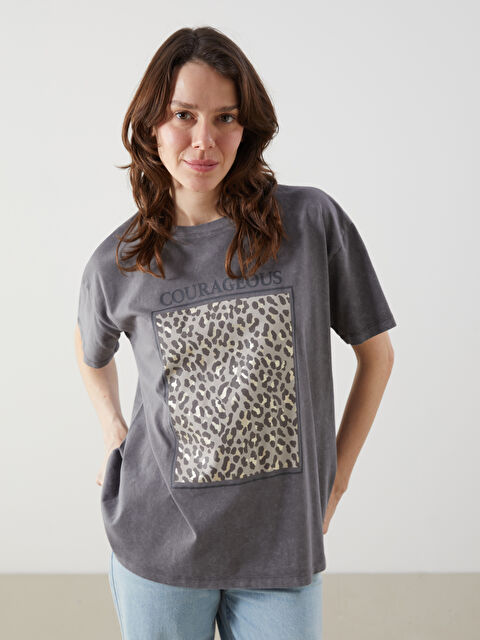 LCW Comfort Bisiklet Yaka Baskılı Kadın Tişört - S5KP58Z8-502