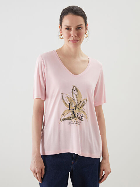 LCW ECO V Yaka Baskılı Kadın Tişört - S5KR14Z8-G0G