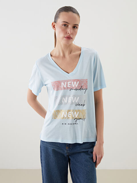 LCW ECO V Yaka Baskılı Kadın Tişört - S5KR14Z8-QXE