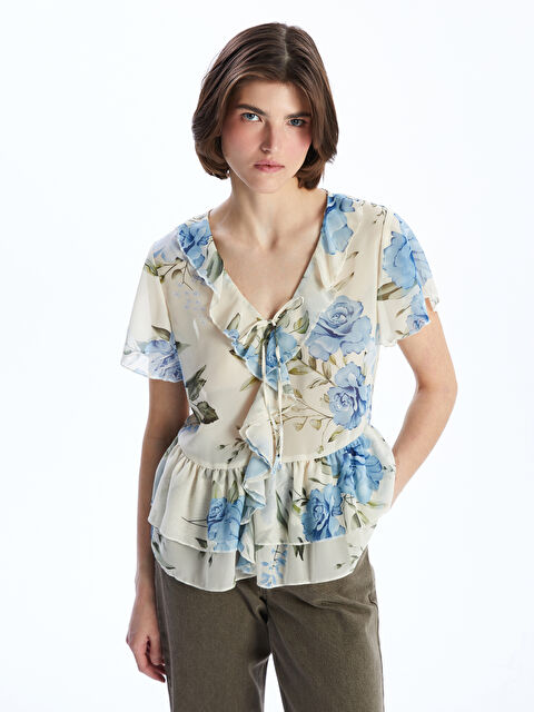 LCW Vision Frilled V Neck Floral Chiffon Blouse