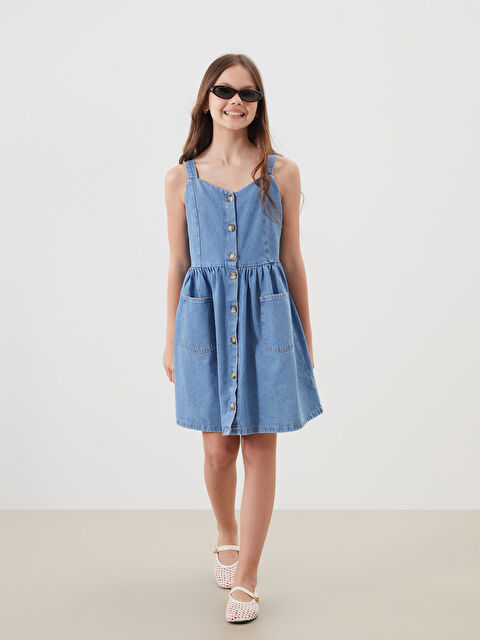 LCW Kids Kare Yaka Kız Çocuk Jean Elbise - S5L234Z4-H45