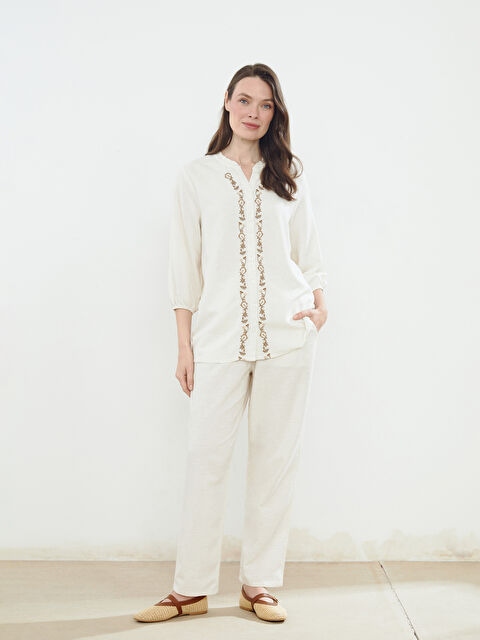 LCW Grace Kaçık Yaka Nakışlı Keten Karışımlı Bluz - S5L969Z8-FWM