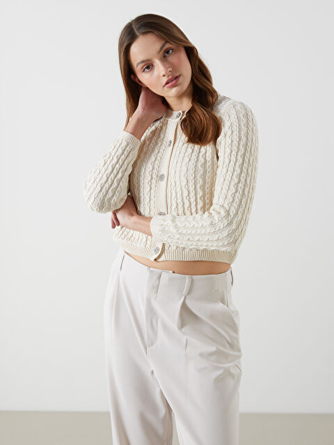 LCW Vision Bisiklet Yaka Kendinden Desenli Crop Kadın Triko Hırka - S5LE14Z8-YKD