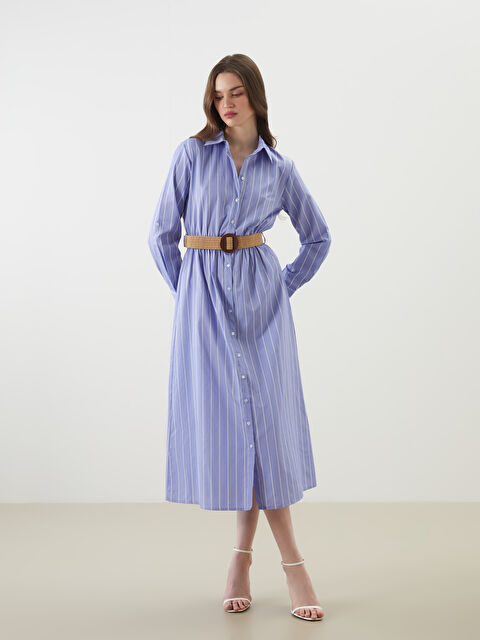 LCW Vision Çizgili Poplin Kadın Gömlek Elbise - S5LE54Z8-LGS