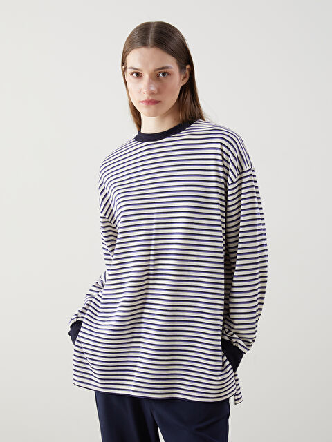 LCW Modest Bisiklet Yaka Çizgili Oversize Kadın Tunik - S5LH07Z8-LGR