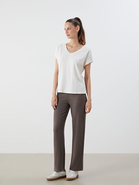 LCWAIKIKI Classic Beli Lastikli Dokulu Kadın Pantolon - S5LI18Z8-DDA