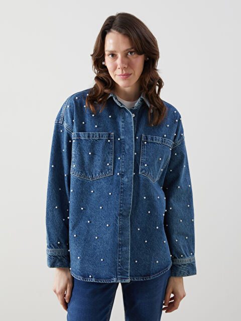 LCW Comfort Gömlek Yaka Boncuklu Oversize Kadın Jean Tunik - S5LK10Z8-507