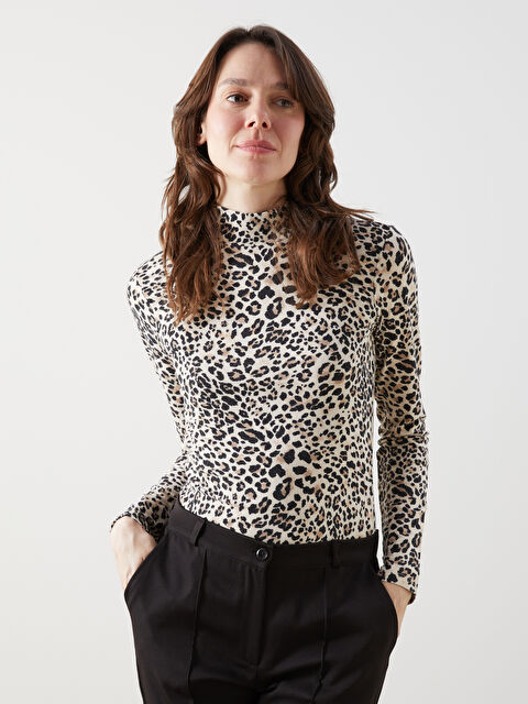 LCWAIKIKI Classic Dik Yaka Leopar Desenli Kadın Body - S5LM04Z8-LQB