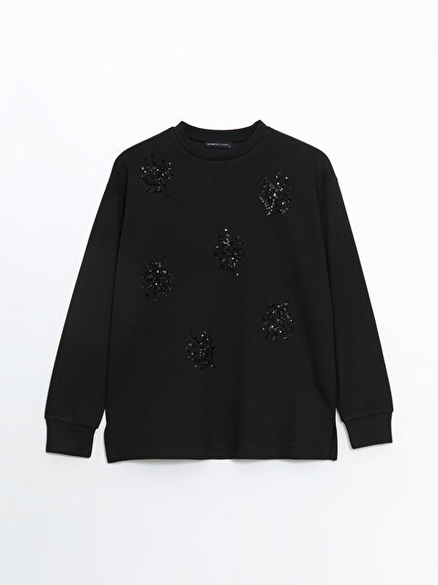 LCWAIKIKI Classic Siyah Bisiklet Yaka Pul İşlemeli Kadın