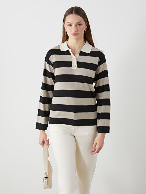 LCWAIKIKI Classic Polo Yaka Çizgili Kadın Tişört - S5LM26Z8-ELZ