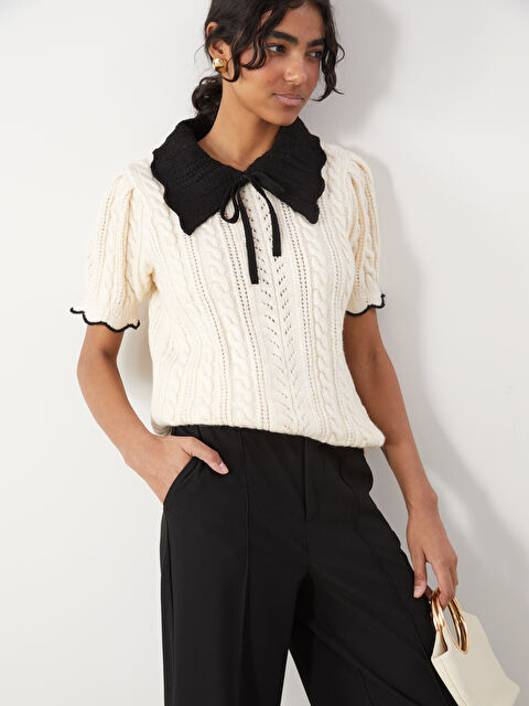 LCW Modest Polo Yaka Kendinden Desenli Kadın Triko Kazak - S5LM79Z8-TC8