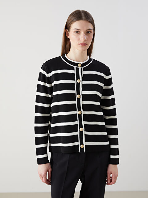 LCW Modest Bisiklet Yaka Çizgili Kadın Triko Hırka - S5LN73Z8-LEG