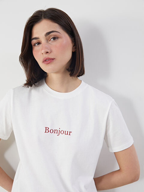 LCW Modest Bisiklet Yaka Bonjour Baskılı Kadın Tişört - S5LY33Z8-Q6K