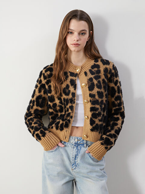 XSIDE Bisiklet Yaka Leopar Desenli Kadın Triko Hırka - S5M008Z8-YBM