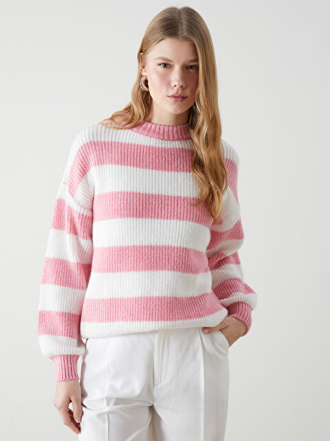 XSIDE Bisiklet Yaka Çizgili Oversize Kadın Triko Kazak - S5M037Z8-SG0