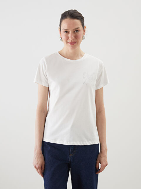 LCWAIKIKI Classic Bisiklet Yaka Taşlı Kadın Tişört - S5M051Z8-R9J