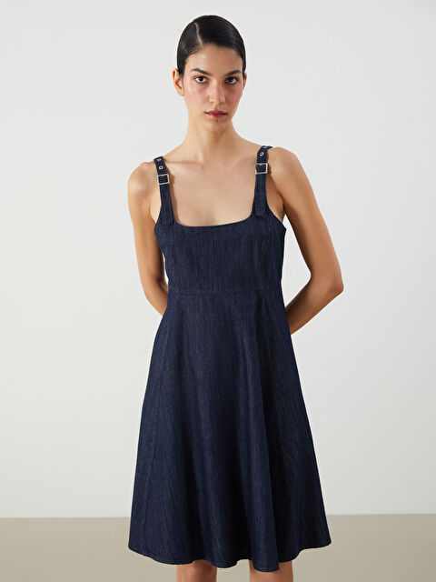 LCW Comfort Kare Yaka Mini Jean Elbise - S5M253Z8-507